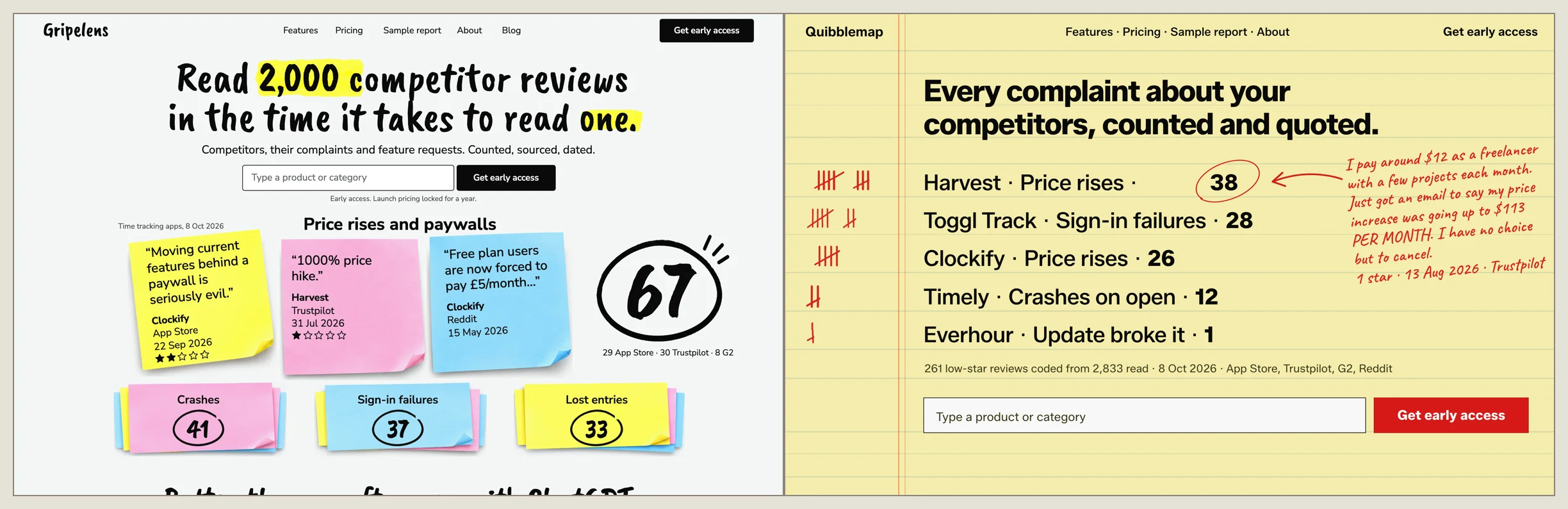 The Gripelens and Quibblemap home pages side by side on launch day: the same product, the same five pages, two names and two looks.